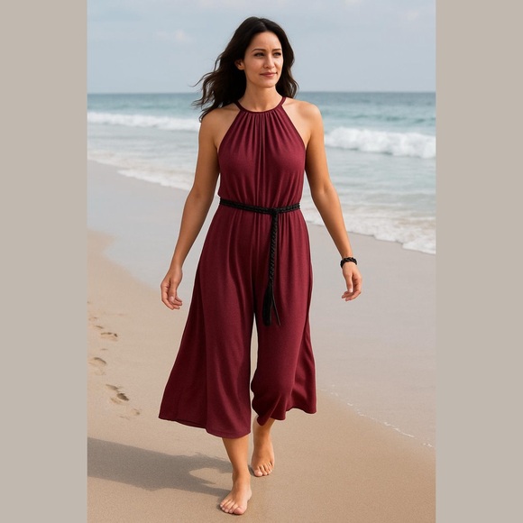 HD in Paris Pants - ANTHROPOLOGIE HD IN PARIS RIBBED RASPBERRY CROPPED JUMPSUIT W RIBBON TIE SZ M